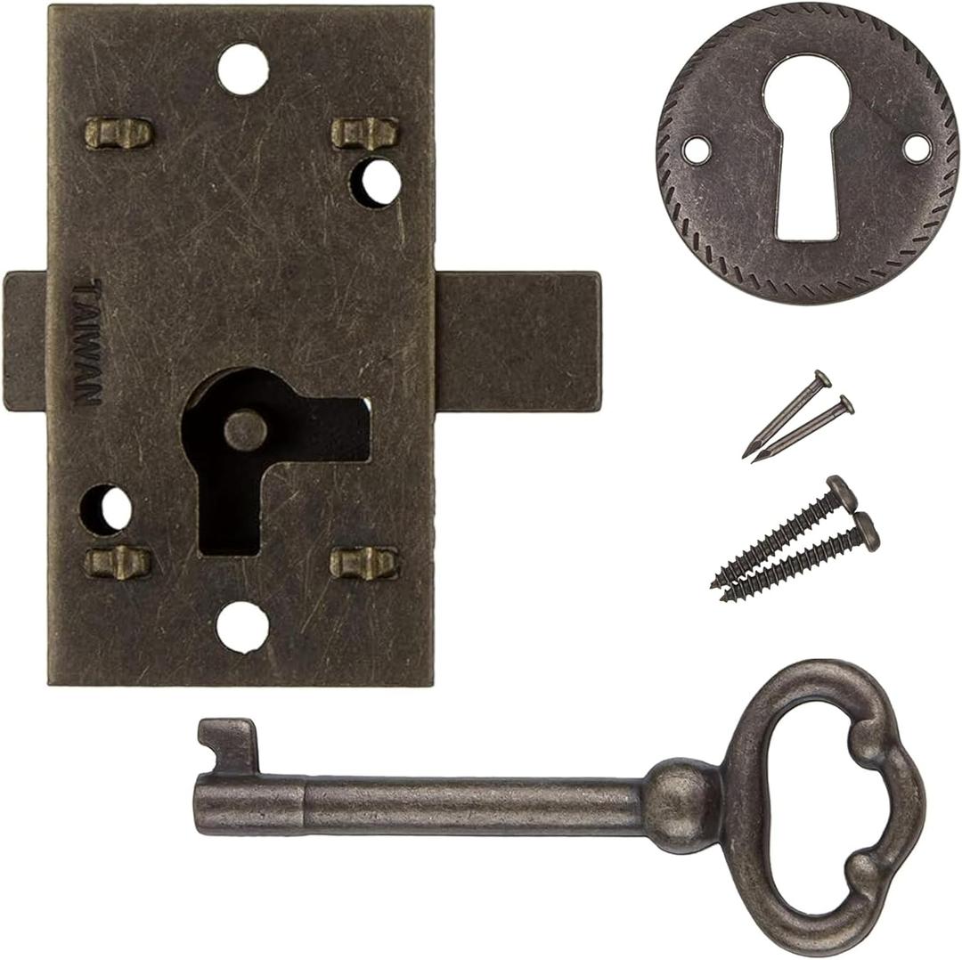 Small Antique Brass Flush Mount Cabinet Door Lock with Key - 1" Wide x 1 3/4" High - Vintage Lock and Key for Furniture Doors and Drawers | UA-030-LAB