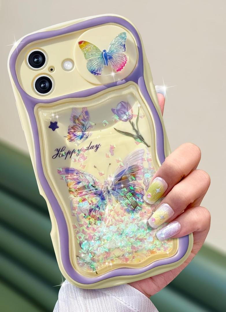 Toycamp for iPhone 16 Case 6.1 Inch - Women Girls Cute Butterfly with Sliding Camera Cover Glitter Bling Kawaii Girly Sparkle Design Flowing Liquid Quicksand Cover for iPhone 16 Phone Case