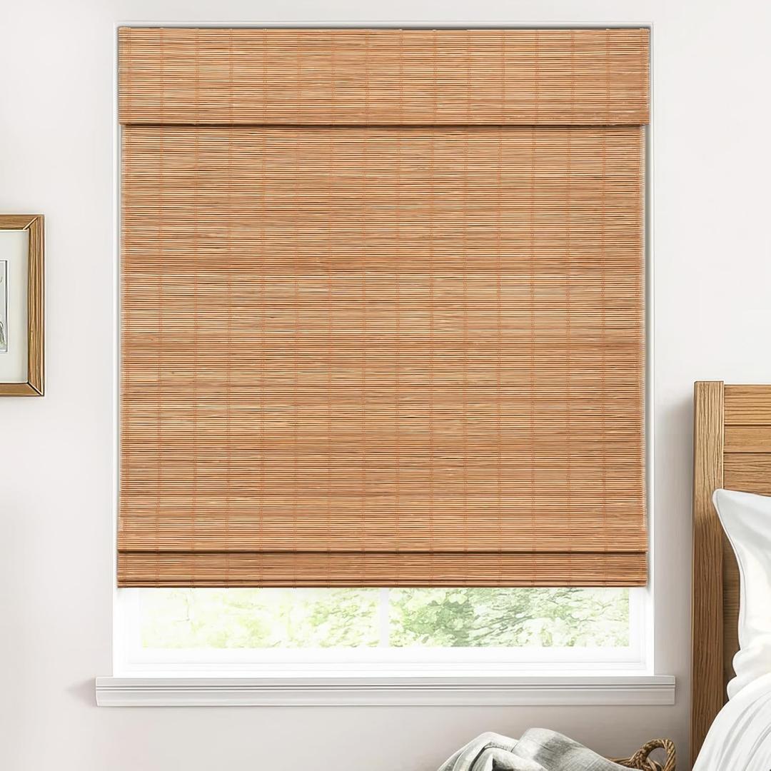 Cordless Bamboo Roman Shades for Windows, 100% Blackout Backing Fabric for Light Blocking, 22" W x 64" H - Papara Carbon