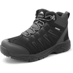 OUTJET Men's Waterproof Hiking Boots Lightweight Comfortable Leather Mid Ankle Outdoor Trekking Boot 11.5, Black