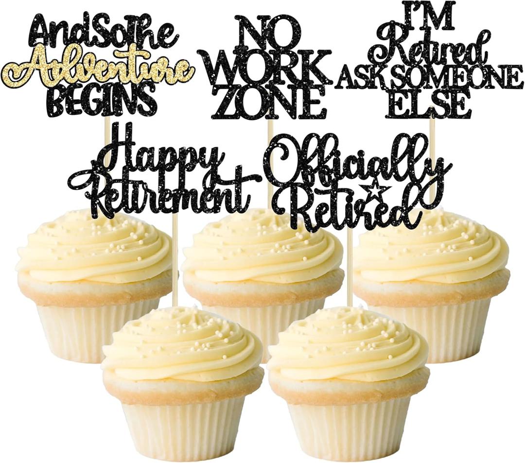 Gyufise 30Pcs Happy Retirement Cupcake Toppers Officially Retired No Work Zone Adventure Begins Cupcake Picks for Retirement Theme Farewell Birthday Party Cake Decorations Supplies Black