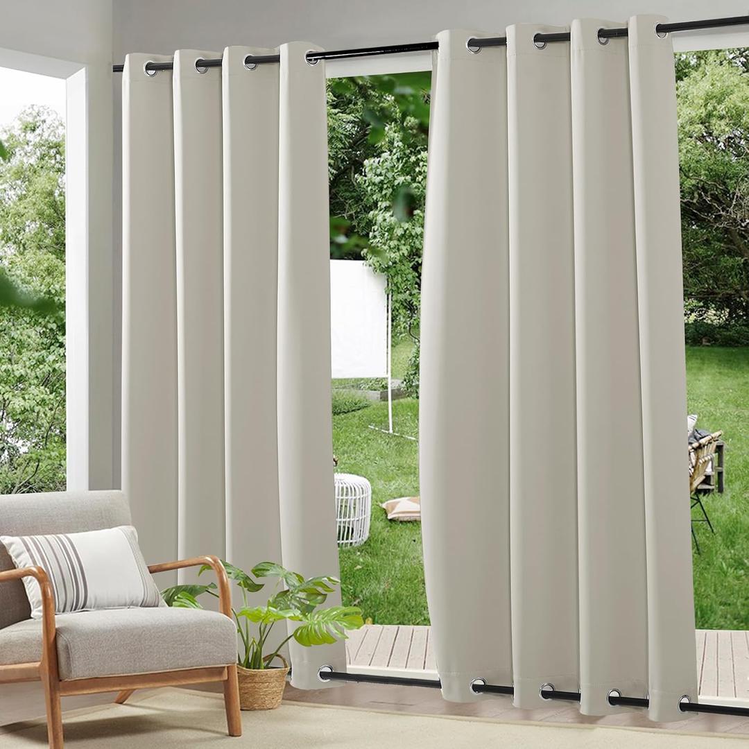 RYB HOME Outdoor Curtains 2 Panels, Waterproof Windproof Blackout Curtains for Patio Porch Garage Gazebo Universal Replacement Sidewall Curtains, Width 52 x Length 96 inches, Natural