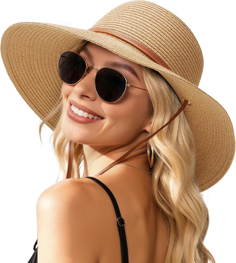 Womens Beach Sun Straw Hat, Wide Brim Sun Hat Travel Foldable Summer Wind Lanyard UPF 50+