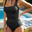 ZAFUL Womens Tankini Swimsuits Two Piece Tummy Control Bathing Suits Textured Tankini Swim Top with High Waisted Bottom (Black, M)