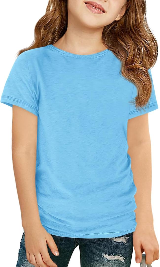 Haloumoning Girls Short Sleeve T Shirts Kids Summer Casual Crewneck Tops Tees 5-14 Years (Blue)