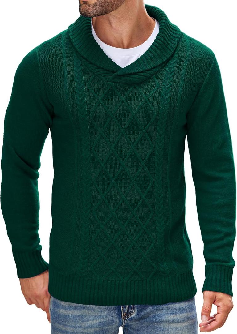 COOFANDY Men's Shawl Collar Sweaters V-Neck Relaxed Fit Cable Pullovers