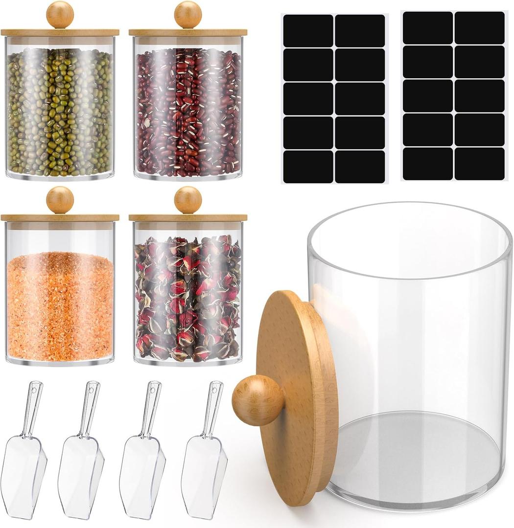 Baderke 4 Sets Plastic Canisters for Kitchen Counter with Bamboo Lids Acrylic Scoop Labels Cookie Jars with Wooden Lid Clear Food Container for Candy Buffet