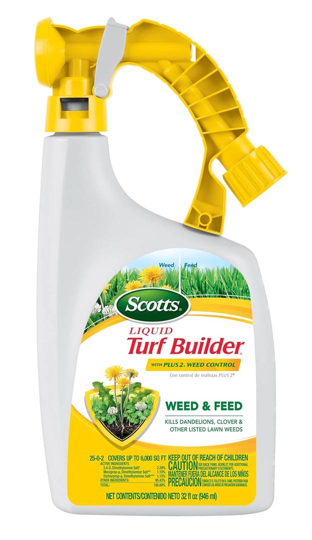 Scotts Liquid Turf Builder with Plus 2 Weed Control ReadyToSpray  Liquid Weed Killer and Grass Fertilizer, HoseEnd Applicator, 32 fl. oz.