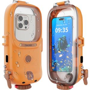 GOLDJU Diving Waterproof Phone Case, [49ft/15m] Cartoon Outdoor Snorkeling Underwater Diving Case Surfing Photo Video Cover,for iPhone Samsung Galaxy Google Pixel Huawei Series Smartphones - Orange