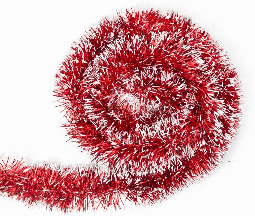 33ft Red Frost Tip Metallic Tinsel Garland Christmas Garland Metallic Twist Garland for Christmas Tree Decorations, Xmas Holiday Hanging Garland for Indoor Outdoor and Festivities Party Supplies Decor