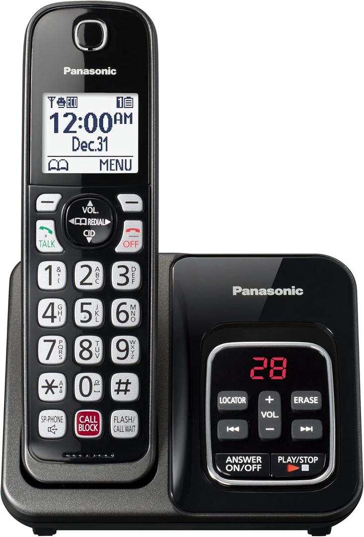 Panasonic Cordless Phone with Answering Machine, Advanced Call Block, Bilingual Caller ID and High-Contrast Display, Expandable System with 1 Handset Cordless Telephone - KX-TGD830M (Metallic Black)