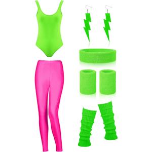 SATINIOR Women 80s 90s Workout Costume Outfit Accessories Set Leg Warmers Headband Wristbands Earrings Swimwear Suit (Small, Bright Green, Rose Red)