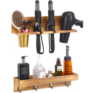 UPTRUST Wall Mount Hair Tool Organizer, Set of 2 Layer Rustic Wooden Dryer Holder Rack, Product Organizer Tray for Dryer with 4 Hooks