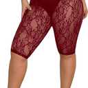 Women's Plus Size Floral Lace High Waisted Shorts Sheer Mesh Casual Leggings (X-Large Plus, Red)