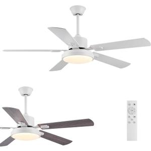52" White Ceiling Fans with Light and Remote Control, Modern Ceiling Fan with Lights, 3 Blade White Indoor Bedroom Living Room Ceiling Fan