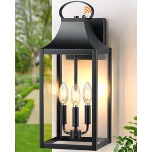 20" Extra Large Dusk to Dawn Outdoor Wall Light, Black Exterior Lighting Fixtures with 3-Light, Waterproof Wall Mount Porch Lantern, Modern Outside Wall Sconce Garage Coach Light, E12, 1 Pack