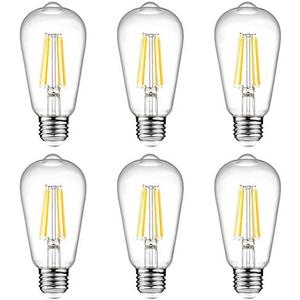 Ascher Vintage LED Edison Bulbs 6W, Equivalent 60W Incandescent, Non-Dimmable, Warm White 2700K, ST58 Antique LED Filament Bulbs with 80+ CRI, E26 Medium Base, Clear Glass, 6-Packs