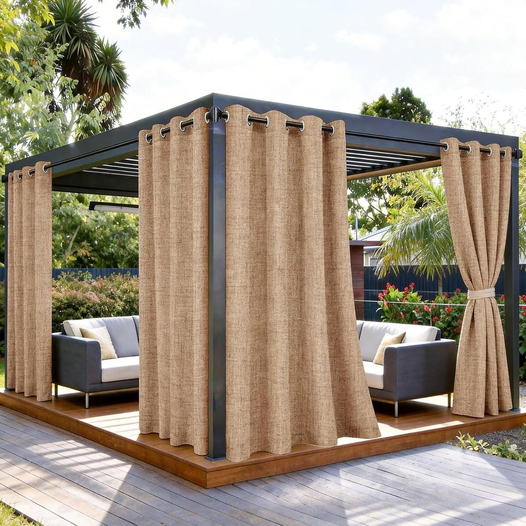 SpaceDresser Outdoor Curtains for Patio Waterproof, 2 Panels Non-See-Through Linen Curtains with Grommet Top Indoor Outdoor Drapes for Gazebo Pergola Balcony Pool Spa, 52" W x 108" L, Light Brown