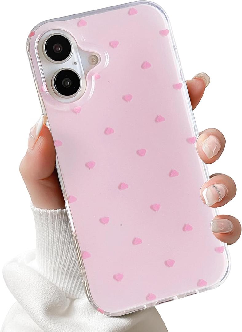 for iPhone 16 Case Cute Little Heart Polka Dot Simple Phone Case Wear IMD Slim Protection Crove for Women Girls-Pink Heart