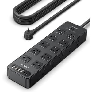 Power Strip Surge Protector Flat Plug with 20 AC Outlets 6 USB Chagring Ports, 1875W/15A, 2700J, 10 Ft Heavy Duty Extension Cord for Home, Office, Dorm, Gaming,ETL Listed (Black, 10 Feet)