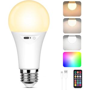 Yochoice Rechargeable A19 Light Bulb, Battery Operated LED Bulb with 9 Colors Selectable & 3 Timer, Dimmable Light Bulb for Non-Hardwired Lamps with Remote Control