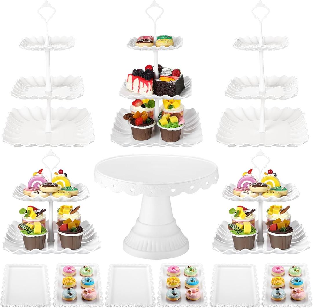12 Pcs Dessert Cupcake Stand Holder, Cake Table Display Set Include 5 Cupcake Stand Tiered Tower 1 Cake Holder 6 Serving Tray Combo for Tea Party Birthday Baby Shower Wedding (White, White)
