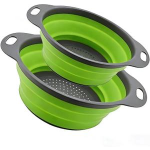 Collapsible Colander Set of 2, Folding Kitchen Strainers with Handles, Space-Saving Over-the-Sink Drainers for Pasta, Veggies & Fruit, BPA-Free, Dishwasher Safe, RV & Camping (Green)
