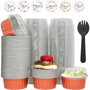 100 Pcs Aluminum Foil Baking Cups with Lids,5oz Cupcake Liners Dessert Cups,Disposable Ramekins Mini Cake Containers Tin Mini Muffin Liners for Wedding Christmas Party (Rose gold)