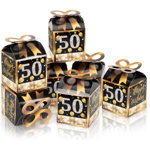 Qonmpcvu Square Boxes For Gifts, Black And Gold Decorations Box, 50th Birthday Favor Bags, 50th Party Favors Gifts Box, Favor Boxes For Party, Black And Gold Happy Birthday Bags With Candy (black, m) (1 Count (Pack of 50))