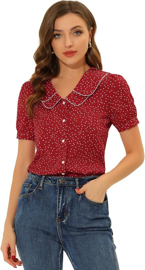Allegra K Women's Vintage Polka Dots Peter Pan Collar Puff Short Sleeve Shirt Top (Large, Red)