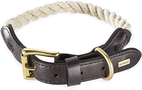Embark Pets Country Dog Rope Collar - Braided Cotton and Leather Finish -Small, Medium, Large and Extra Large Collars for Dogs - Durable and Strong Build for Training, Walking, Running (Large, White)