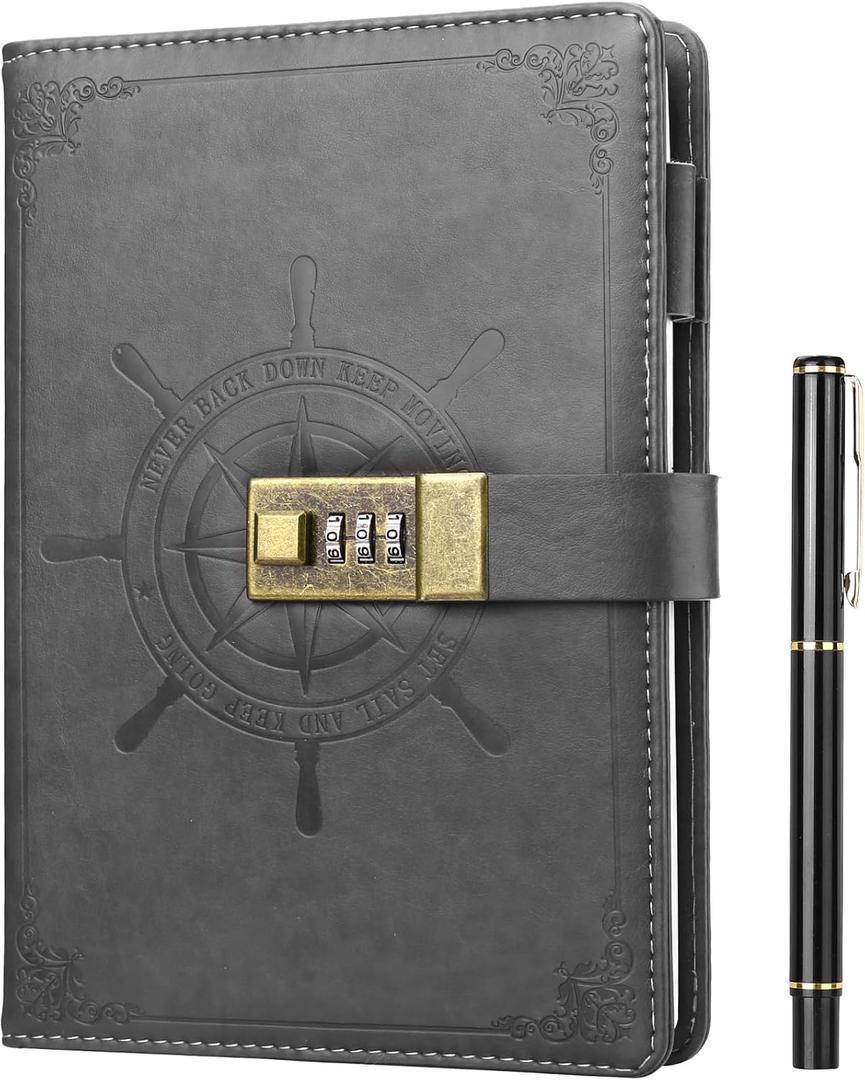 Kesote Diary with Lock, Refillable Journal with Lock Diary Organizer with Pen, Vintage Faux Leather A5 College Ruled Lined Pages Locking Journal Notebook, Grey