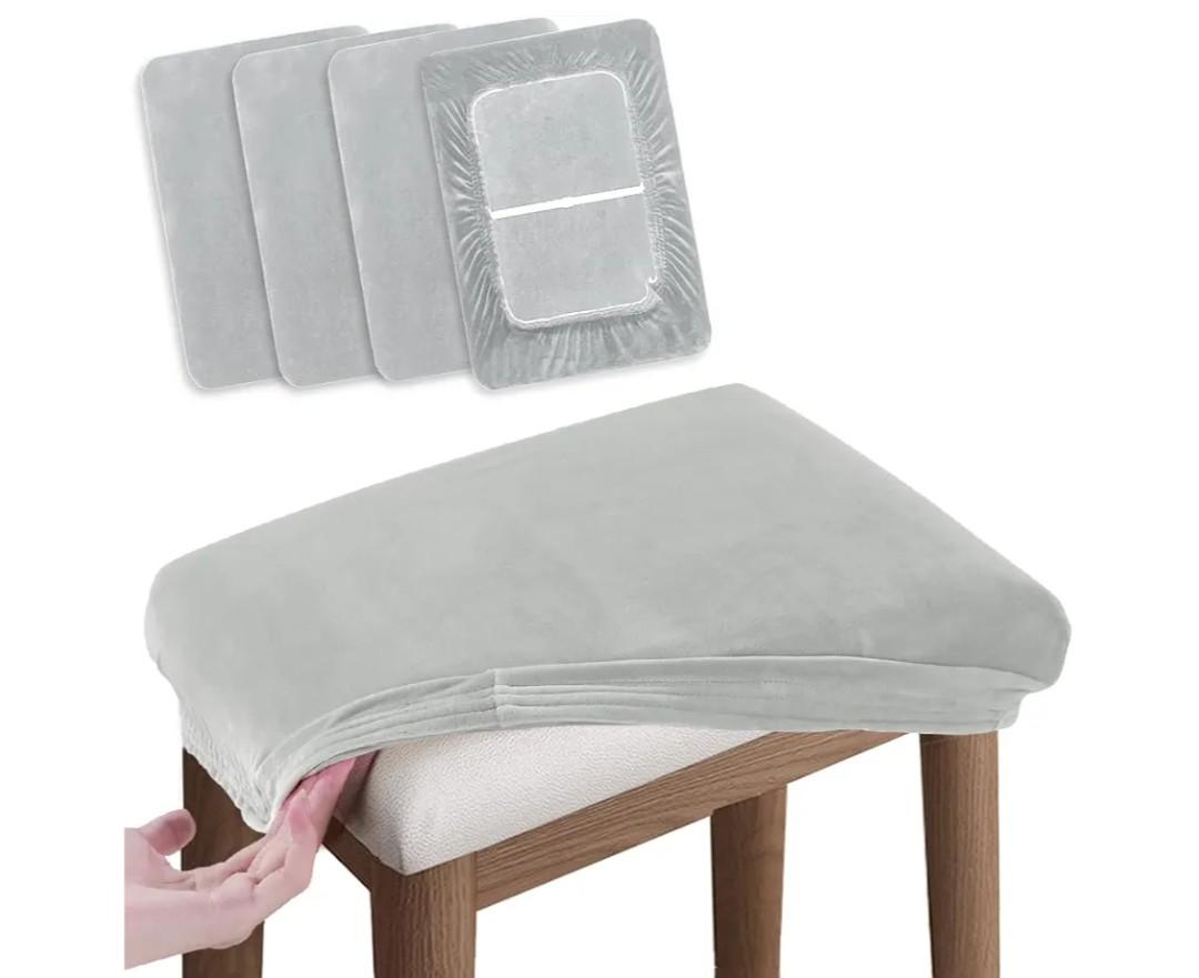 SINOSSO Vanity Stool Covers Set of 4, Super Soft Velvet Stretch Washable Saddle Bar Stool Slipcover Bench Seat Protector, (Rectangle, Light Grey, 4 Counts)