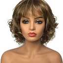 Wiginway Women Wigs Short Curly Brown Hair Wig Bangs Natural Full Synthetic Wig 6 Inches