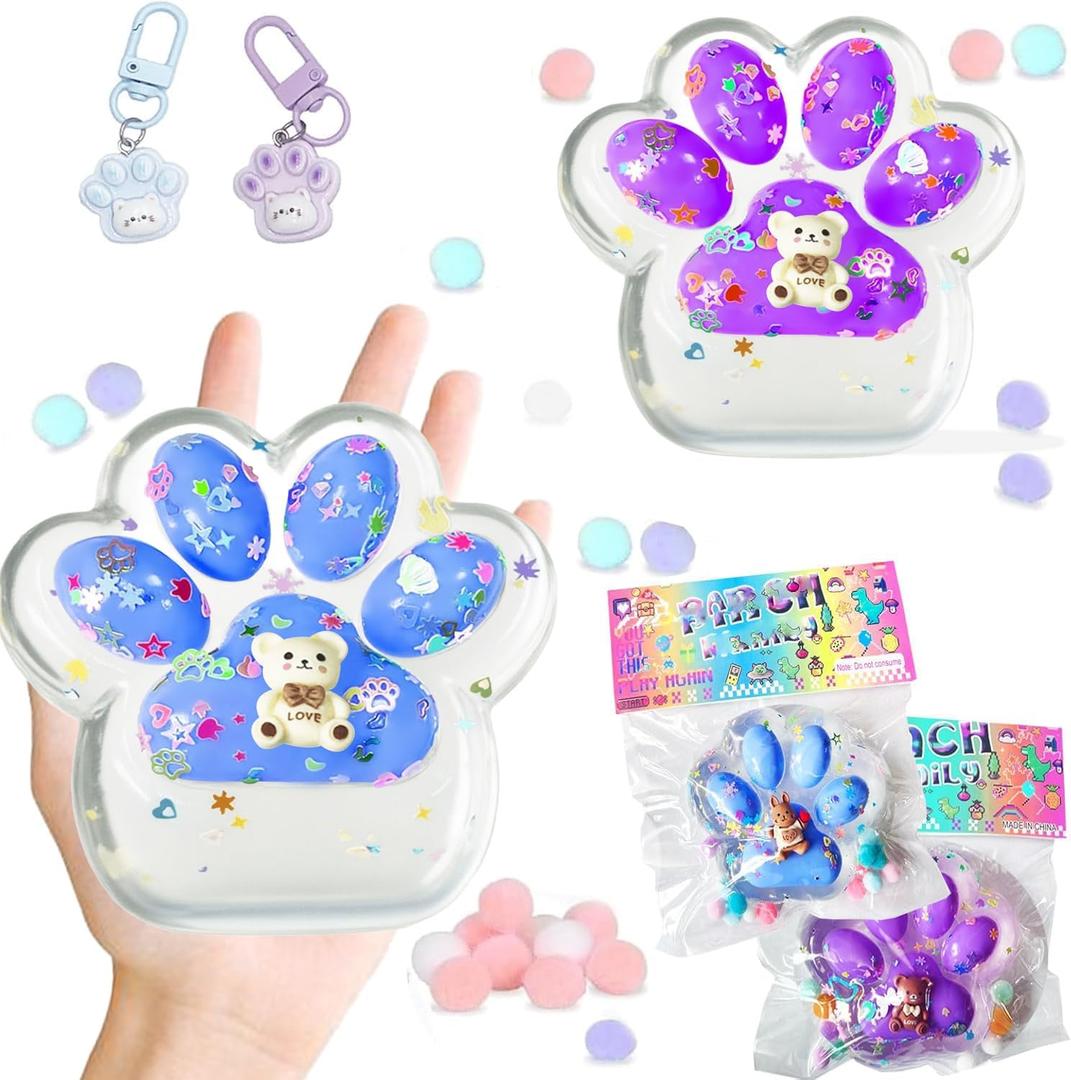 2PCS 4 " Large Cat Paw Taba Squishy Toy,Cat Paw Fidget Toy for Stress Relief, Fluffy Cat paw Sensory Fidget Toy, Handmade Taba Soft Big Cat Paw Silicone Squeeze Toy(Blue+Purple)