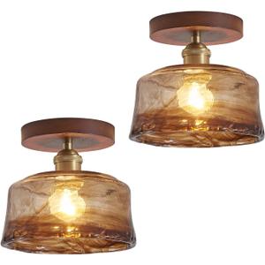 2 Pack 6.7'' Semi Flush Mount Ceiling Light,MidCentury Modern Ceiling Light Fixture,Brown Glass Lampshade Vintage Hallway Lights Fixtures,Wood Base Flush Mount Ceilings Lights【No Bulb Included】