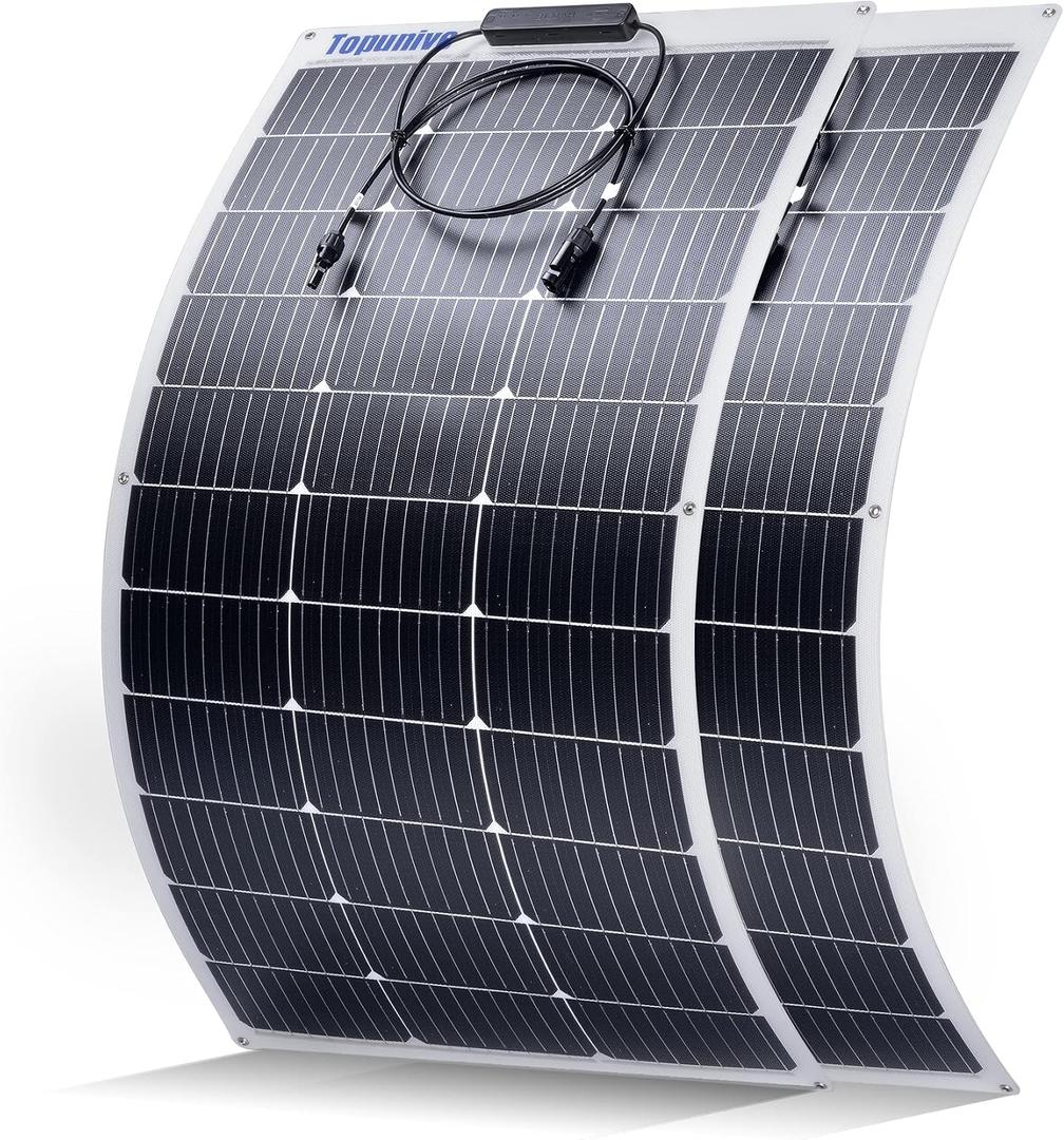Topunive 2PCS 100W 12V Flexible Solar Panel 9BB Monocrystalline Cell 12 Volt Semi-Flexible for Marine RV Trailer Boat Cabin Van Car Uneven Surfaces 12V 24V Battery Charge