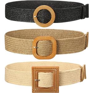 Syhood 3 Pieces Straw Woven Elastic Waist Belt for Women Bohemian Dress Braided Belt