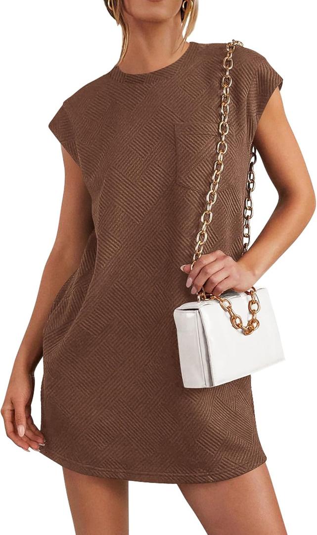 PRETTYGARDEN Women's Summer Short T Shirt Dress Cap Sleeve Crew Neck Casual Loose Basic Mini Dresses (Brown, L)