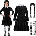 Spooktacular Creations Girls Collar Black Dress, School Girl Costume with Wig, Skater Dress for Toddler Halloween Cosplay (Large(10-12 yrs))