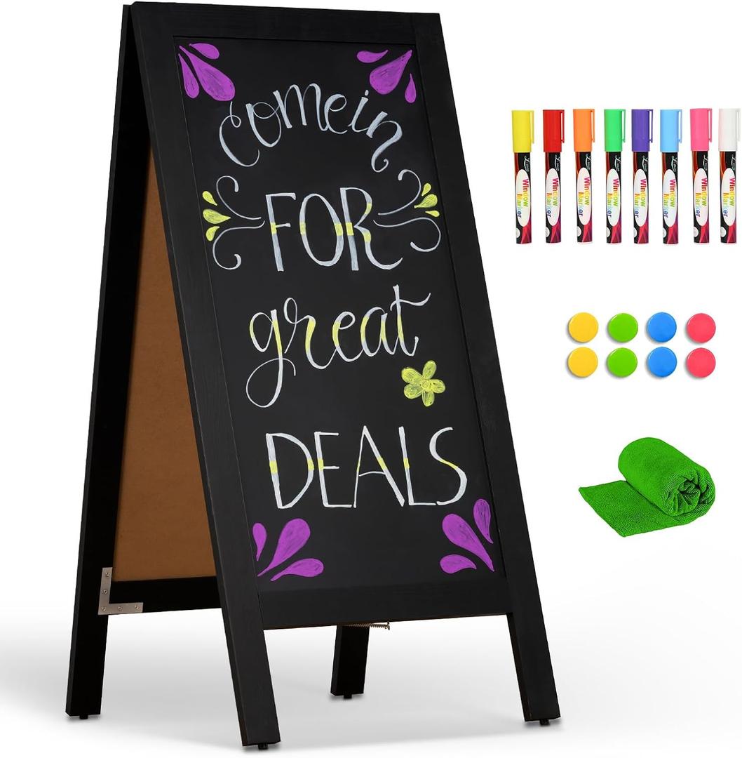 4 THOUGHT A-Frame Double-Sided Magnetic Chalkboard 40"x20", Solid Pine Wood Freestanding Sandwich Board for Restaurants, Cafes, Weddings (Black)