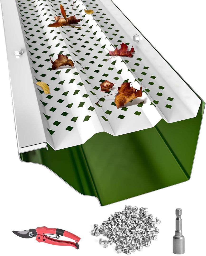 Gutter Guards 5 inch, White Painted Aluminum Leaf Filter Rain Gutter Covers with Screws Included, 8 PCS 28FT DIY Gutter Guards Protection for 5-inch and 6-inch Gutters, Fits Any Roof or Gutter Type