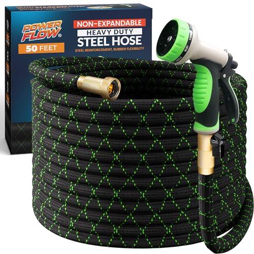 PowerFlow Garden Hose, NON-EXPANDABLE 50 Feet Premium Quality Stainless Steel Metal Water Hose with Durable Fabric Skin, Hose For Commercial, Residential Use, Bonus 10-way Spray Nozzle (50 Ft, Black)