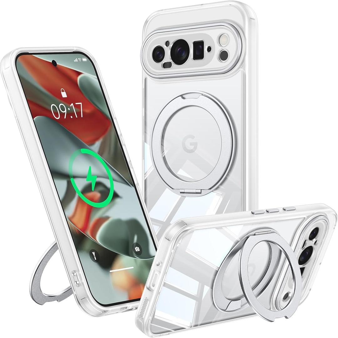 360 Spin Magnetic Stand Case for Google Pixel 9 Pro Fit for MagSafe & Pixelsnap Cover with Ring Holder No-Yellow Crystal Clear Camera Protection Phone Google Pixel 9 Pro Case - Clear