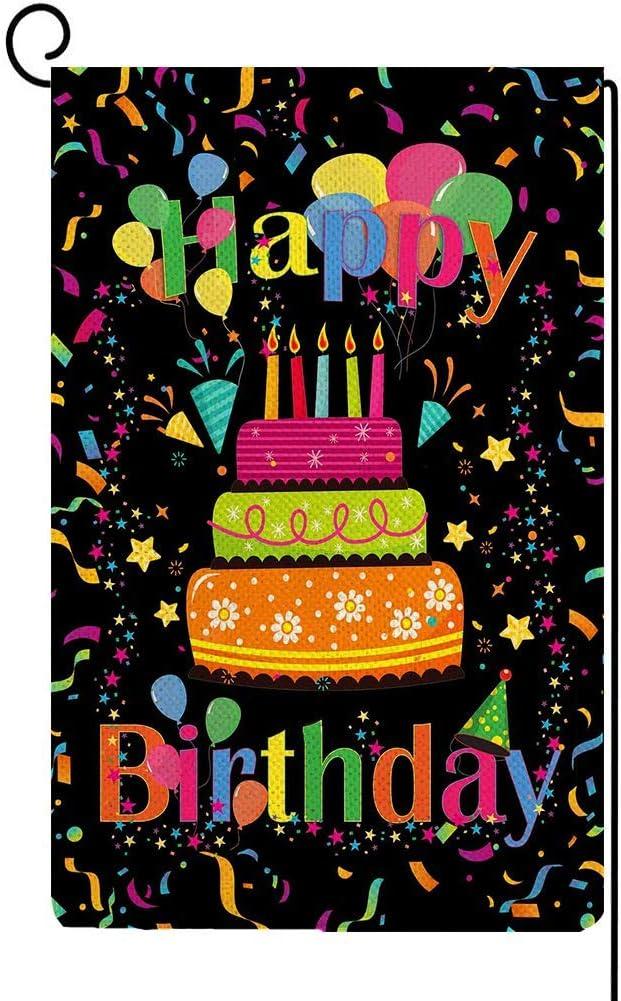 Baccessor Happy Birthday Garden Flag Banner Big Cake Colorful Balloon Yard Flag Burlap Vertical Double-Sided Party Outdoor Home House Decoration 12 x 18 Inch (Mutil)
