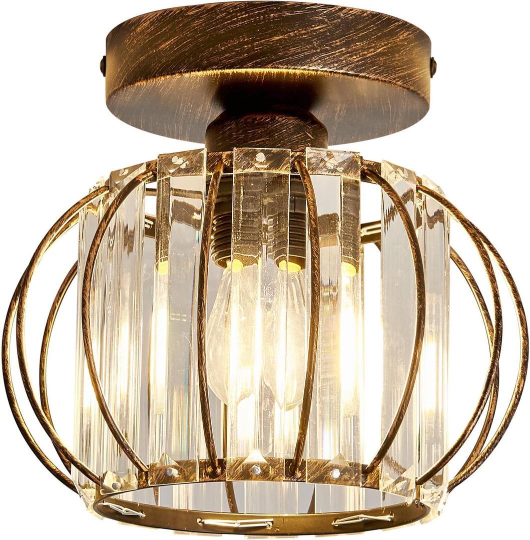 YYJLX Semi Flush Mount Ceiling Light Fixture E26 Mini Crystal Chandelier Oil Rubbed Bronze Small Ceiling Lamp for Entryway Bedroom Bathroom Hallway Closet Foyer Light