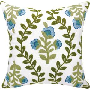 Alysheer Floral Embroidered Summer Decorative Throw Pillow Cover 18"x 18", Farmhouse Cottage Blue Flowers Green Leaves Knit Pattern Cotton Canvas Cushion Case for Sofa Couch Bed Living Room Decor
