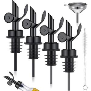 Tioncy 4 Pieces Weighted Stainless Steel Pourers Olive Oil Spout Olive Oil Dispenser Spout Automatic Opening and Closing with Funnel and Brush for Pouring Wine Syrup Kitchen(Black)