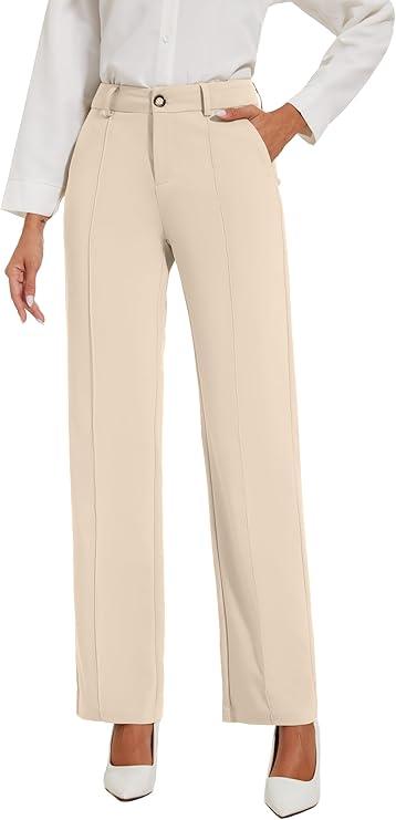KICZOY Womens Dress Pants Stretchy Business Casual Work Pants Straight Leg Slacks for Office, Apricot, Size 10US