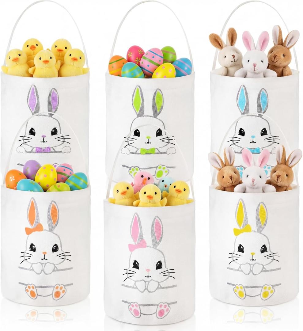 Photect 6 Pack Easter Baskets for Kids, Canvas Bunny Bucket Bags with Handles, Reusable Egg Hunt Tote Sacks, Pastel Colorful for Spring DIY Monogram & Party Favor Treats Goody Bags(Lovely)